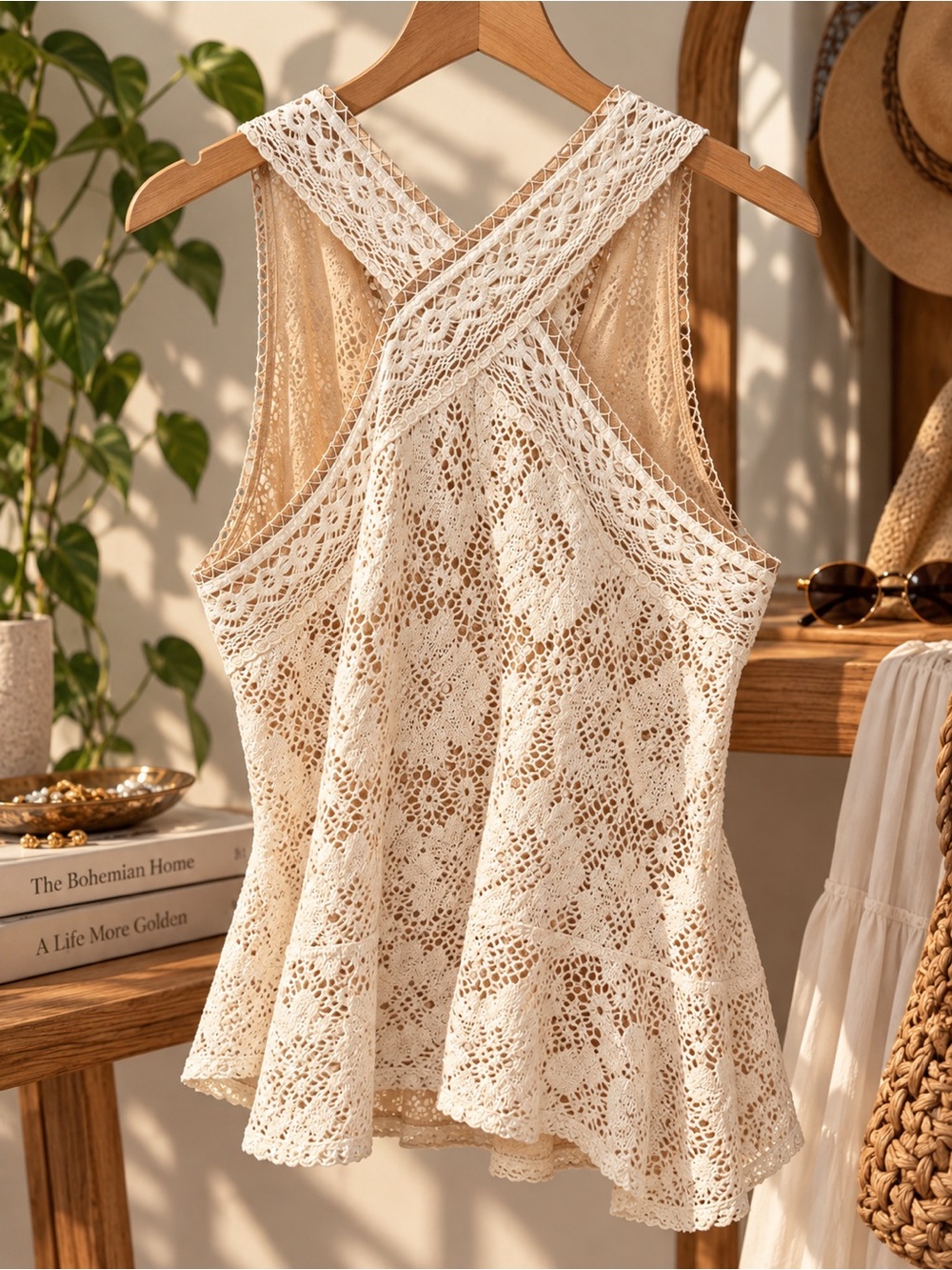 BCBGMaxAzria Cream Crochet Lace Cross-Back Tank